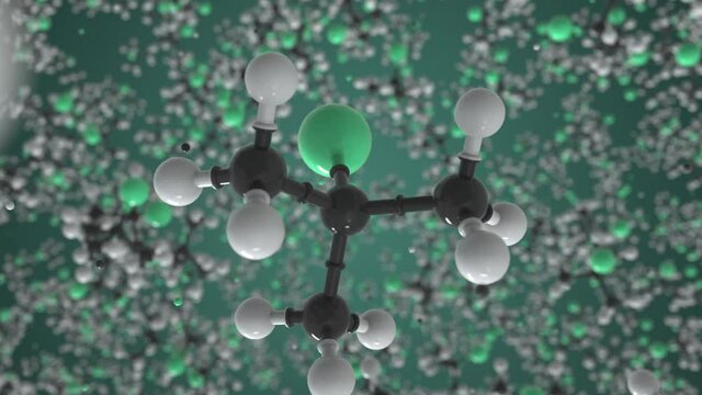 2-chloro-2-methylpropane molecule, conceptual molecular model. Scientific looping 3d animation