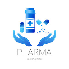 Medicine Jar Vector Logo Symbol Medical Bottle in flat style Pill Design Element for Pharmacy with Human Hand