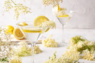 Gin and tonic with elderflower refreshing summer cocktail garnished with lemons
