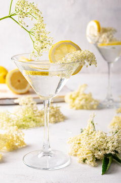 Gin and tonic with elderflower refreshing summer cocktail garnished with lemons
