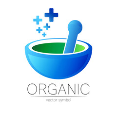 Alternative medical logo with mortar, pestle and few blue cross. Natural therapy sign for identity, concept, business, doctor, clinic and store. Icon illustration in modern design. Herbal logotype