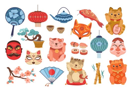 Japan travel. Japanese journey elements, asian landmarks. Flat cute neko cats, mask and mountain. Blossom sakura, culture exact vector collection