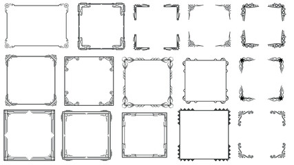 Set Black Simple Line Frame Collection Doodle Square Floral Frame Elements Vector Design Style Sketch Isolated Illustration For Banner