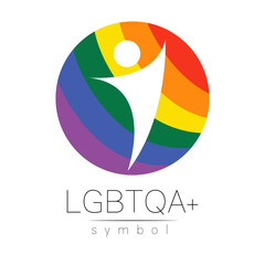 Vector LGBTQA logo symbol. Pride flag background. Icon for gay, lesbian, bisexual, transsexual, queer and allies person. Can be use for sign activism, psychology or counseling. LGBT logotype on white. - 442132628