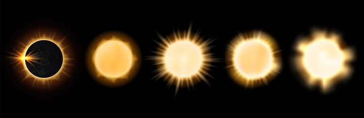 Realistic sun. Shine suns, different intense sunlights and eclipse. Season natural lights, universe grand star vector set