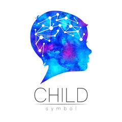 Child blue logotype. Silhouette profile human head with brain. Concept logo for people, children, autism, kids, therapy, clinic, education. Template symbol, modern watercolor design isolated on white - 442133638