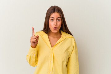 Young caucasian woman isolated on white background suffers pain in throat due a virus or infection.