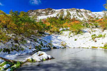 大雪高原温泉沼めぐりの紅葉と新雪（鴨沼）