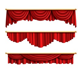 Red curtains. Realistic luxury curtain cornice set. Interior drapery textile, silk or velvet scene decoration. Theatre or circus fabric portiere design. Vector isolated on white objects © YummyBuum