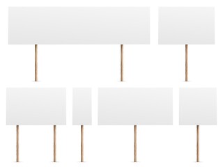 Obraz premium Protest banners. Realistic white placards for demonstrations. 3D blank boards on wooden sticks set. Politic strike posters templates. Social picket equipment. Vector empty billboards