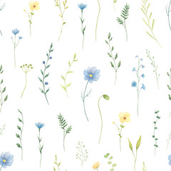 Watercolor wildflowers vintage seamless pattern. Summer flowers hand-painted background. Perfect for textile, fabric, covers. 