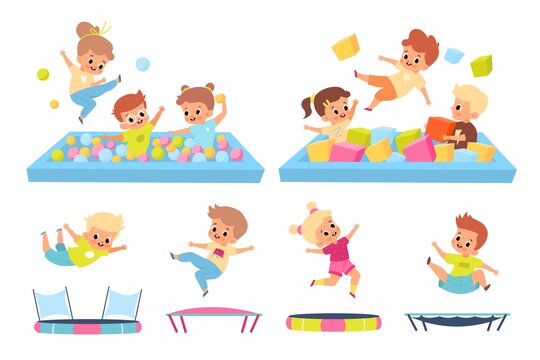 Kids in soft pool. Children jump on trampolines. Boys and girls in playroom. Babies have fun on playground. Young people play in game zone. Vector leisure and energetic activities set