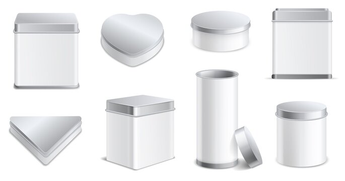 Boxes metal. Realistic blank tin jars different forms square and round, 3d white and aluminum caps containers for products packaging. Coffee cookies and candy storage vector isolated illustration