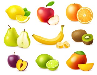 Realistic fruit. 3D vegan food. Wholes and slices of fresh mango. Juicy citruses. Tasty kiwi or banana. Ripe pear and apple. Sweet plum. Vector vegetarian products set for diet nutrition