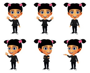 Happy kid girl mascot character standing and doing different action with different facial expressions isolated on white background