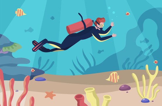 Sea scuba diving. Man swims underwater. Character dives with goggles and aqualung. Undersea swimming in tropical ocean. Marine outdoor activity. Vector summer vacation illustration