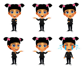 Happy kid girl mascot character standing and doing different action with different facial expressions isolated