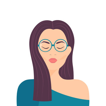 Young woman with dark long hair in glasses and blue top. Colorful flat stock vector illustration.