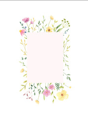 Watercolor floral frame with copy space isolated on white background. Trendy summer cute flowers frame for greeting cards, posters, wedding invitations. 