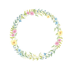 Watercolor floral frame with copy space isolated on white background. Lovely summer wreath with wildflowers perfect for wedding invitations, greeting cards, posters. 