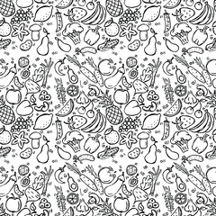 Seamless fruits and vegetables vector pattern. Doodle vector with fruits and vegetables icons on white background. Vintage vegan pattern, sweet elements background for your project, menu, cafe shop. 