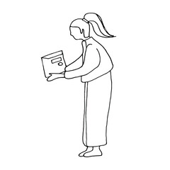Doodle girl with box.Online shopping hand drawn line art.