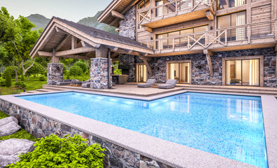3d rendering of modern cozy chalet with pool and parking for sale or rent.  Massive timber beams columns. Beautiful forest mountains on background. Clear summer evening with cozy light from window