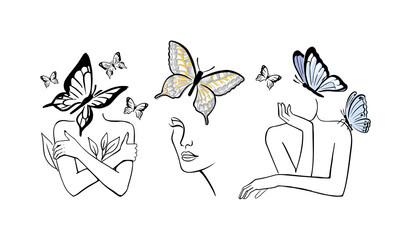 Butterflies and women drawing. Line art body and face female