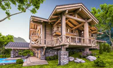 3d rendering of modern cozy chalet with pool and parking for sale or rent.  Massive timber beams columns. Beautiful forest mountains on background. Clear summer evening with cozy light from window