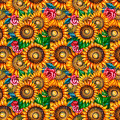 Illustration of colorful flowers sunflower and roses . Seamless pattern. This ornament is good for printing, for textile, fabric, t-shirt, wrapping, tile for wallpaper