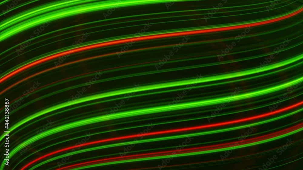 Poster abstract waving neon lines of green and red color on black background, seamless loop. animation. bea