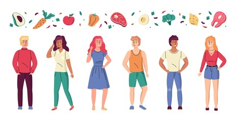 Diet people. Healthy lifestyle, slender sport men and women, keto eating food, normal weight characters poster or banner, balanced nutrition, proteins and fiber. Vector cartoon isolated set