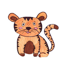 Illustration with markers, orange tiger isolated on a white background, wild animals, symbol and zodiac sign of the Chinese New Year