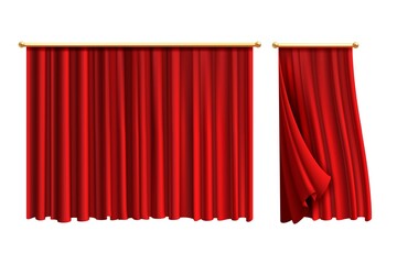 Red curtains. Realistic luxury curtain on golden decor, domestic fabric interior drapery. Silk or velvet scene decoration, theatre or circus portiere. Vector isolated on white 3d objects - obrazy, fototapety, plakaty