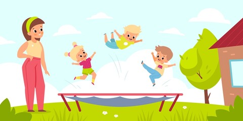 Obraz na płótnie Canvas Outdoor trampoline jumping. Children play in yard with gym equipment. Cute kids bounce by mother supervision, active group games. Happy summer leisure time. Vector cartoon isolated concept