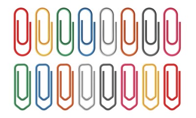 Colored paper clips. Fasteners document sheets realistic clip, office organized, color metal school stationery, announcement holders, paperclips collection. Vector isolated set