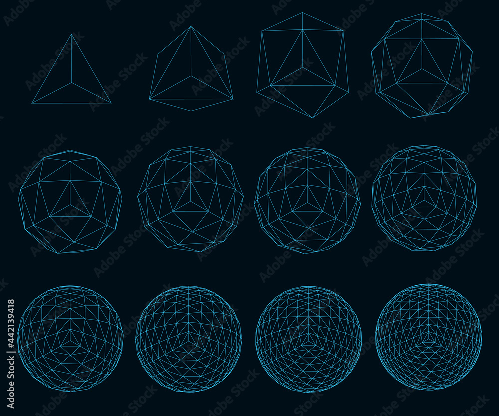 Poster a set of wireframe geometric shapes in a sequence complicating their geometry. vector illustration