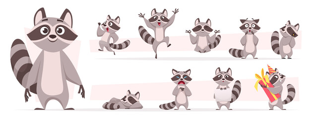 Raccoon animal. Wild mammal cute smile playing and jumping in various action poses forest dweller exact vector cartoon funny mascot - obrazy, fototapety, plakaty