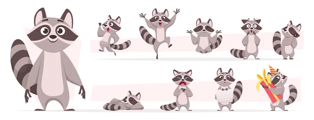 Fotobehang Raccoon animal. Wild mammal cute smile playing and jumping in various action poses forest dweller exact vector cartoon funny mascot © ONYXprj