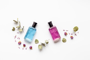 Perfumery cosmetics fragrance set. Perfume bottles top view