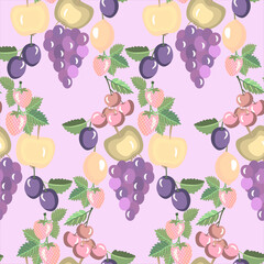 Fruits mix, apple, wine berry, strawberry, cherry, plum seamless pattern.
 