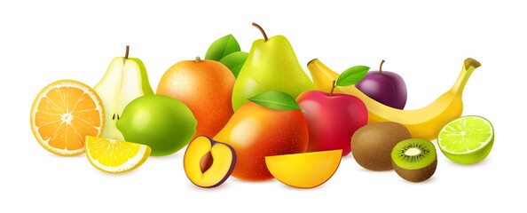 Juicy fruit. Realistic organic fruits, fresh natural food, 3d juicy citrus, banana, green apple, kiwi and sweet mango, healthy meal. Objects horizontal composition. Vector isolated concept