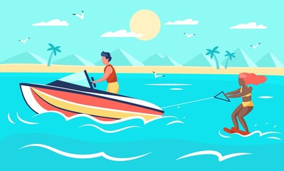 Sea extreme. Summer beach sport, woman on water skis, young man drives motor boat, happy people engaged aqua activities and recreation. Active leisure time. Vector cartoon seaside concept