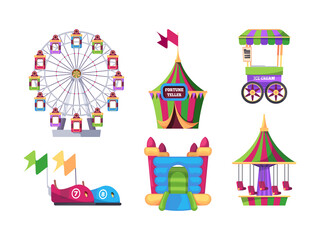 Amusement park. Outdoor attraction for kids swing game machines catapult carousel inflatable trampoline garish vector flat illustrations
