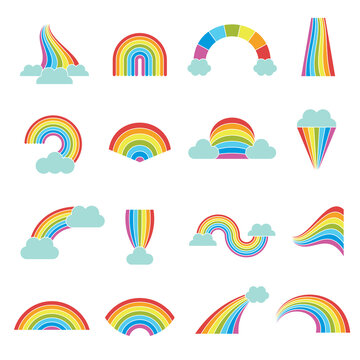 Rainbows. Weather colored glossy shine curves round elements recent graphical stylized templates rainbow vector illustrations