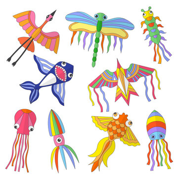 Colored kites. Funny flying animals spring and summer outdoor attractions for kids recent vector flat illustrations isolated