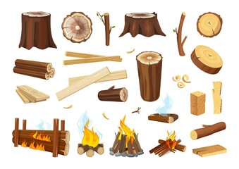 Lumber. Logs and timbers, wooden boards. Tree branches, wood shavings and sawdust. Burning and extinct bonfire, isolated vector rustic elements