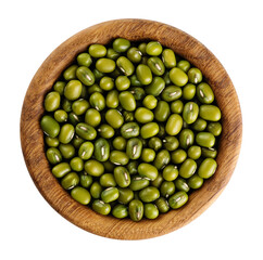 Mung beans in a wooden bowl isolated on white background.