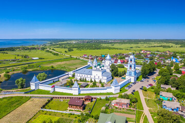 Fototapeta na wymiar Aerial drone view of Nikitskiy monastery in Pereslavl Zalessky, Yaroslavl Region, Russia. Summer sunny day. Touristic Golden ring of Russia