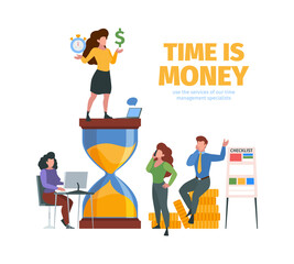 Successful checklist landing. Business people with task project plan checking board busy time garish vector web page template